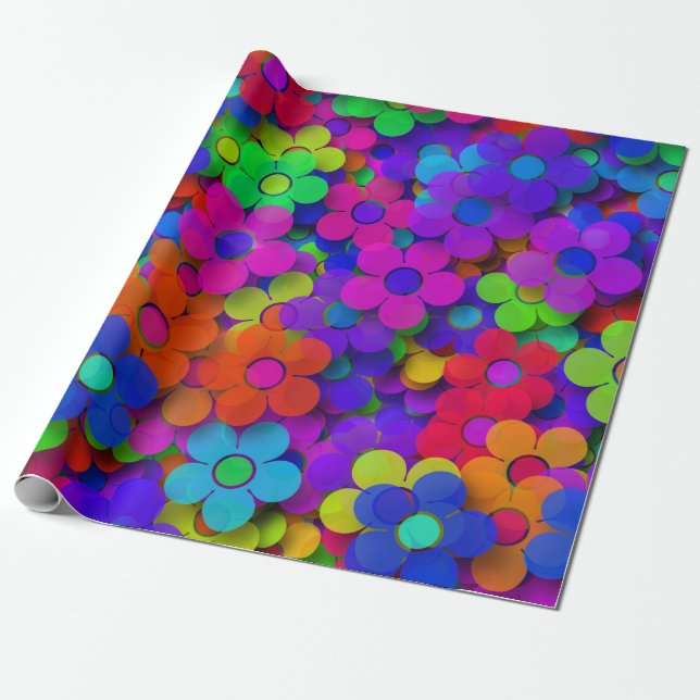 Groovy Rainbow Flowers Lila Presentpapper (Utrullad)