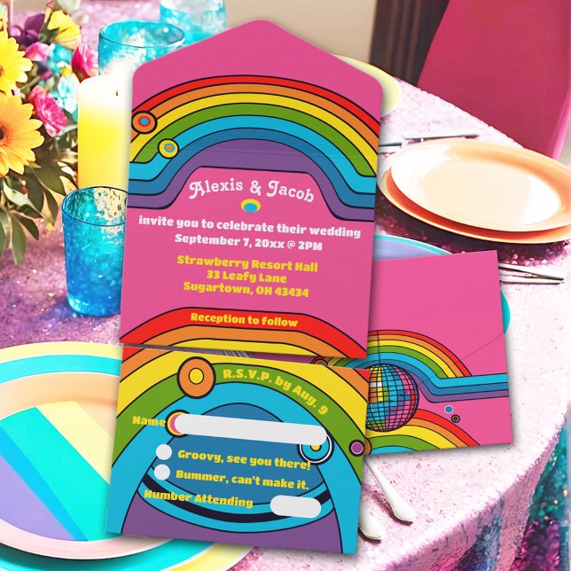 Groovy Rainbow Retro 70's Bröllop Colorful Funky (Groovy rainbow 70's themed wedding invitations with detachable RSVP postcard, bright retro colors!)