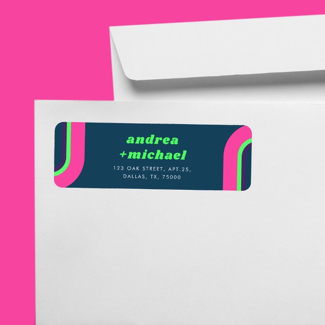 Groovy Rainbow Rosa Teal Lime Green Retro Bröllop Returadress Etikett (Skapare uppladdad)