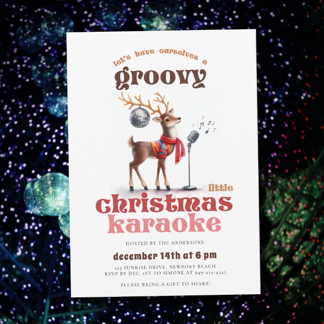 Groovy Reindeer Karaoke Funny jul Party Inbjudningar (groovy little christmas karaoke party hippie disco reindeer 70s nostalgia retro vintage invitation)