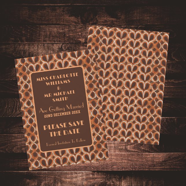Groovy Retro 1970's Brown och Orange Bröllop Spara Datumet (Front And Back)