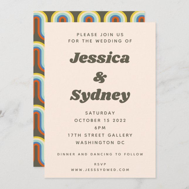 Groovy Retro 60-tal 70-tal Aesthetic Oliv grönt Br Inbjudningar (Fram/baksida)