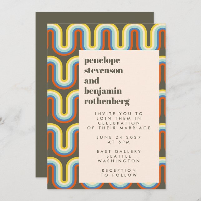 Groovy Retro 60-talets 70-talskonst Oliv grönt Brö Inbjudningar (Fram/baksida)