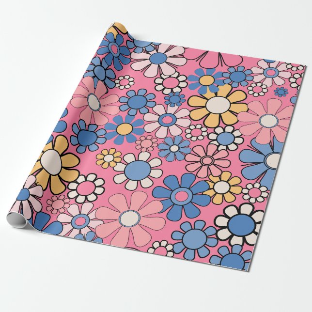 Groovy Retro 60-talets Blommönster för Rosa av Söt Presentpapper (Utrullad)