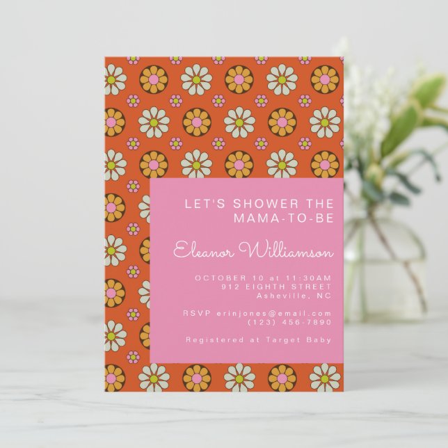 Groovy Retro 60s Flowers Orange Rosa Baby Shower Inbjudningar (Stående Fram)