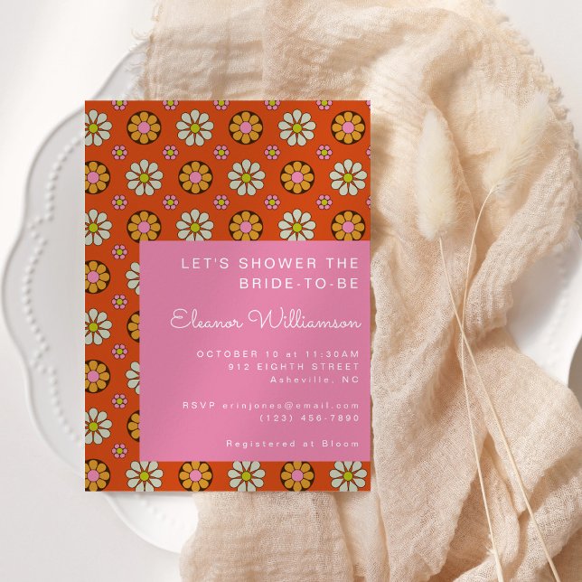 Groovy Retro 60s Flowers Orange Rosa Möhippa Inbjudningar (Skapare uppladdad)