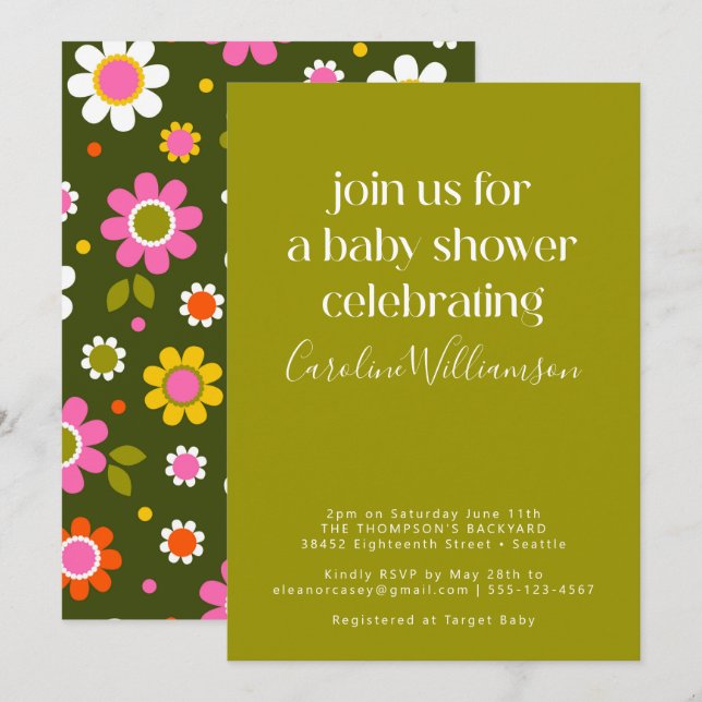 Groovy Retro 60s Flowers Rosa Grönt Baby Shower Inbjudningar (Fram/baksida)