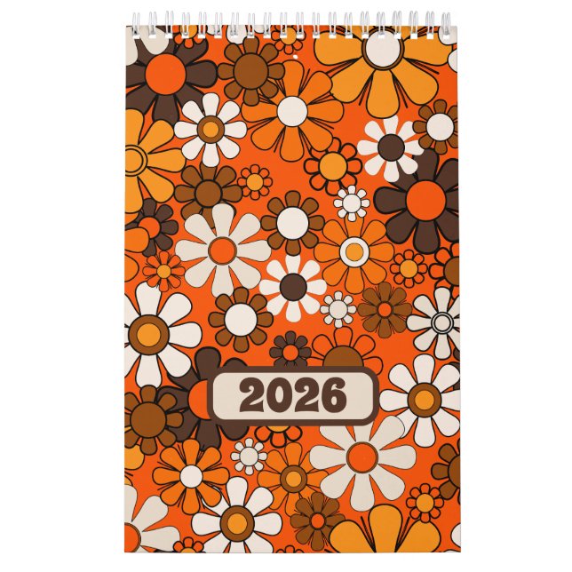 Groovy Retro 70-årsjubileum Blommigt 2025 Brown oc Kalender (Omslag)