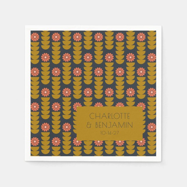 Groovy Retro 70 Blommigt Guld Blue Personligt bröl Pappersservett (Framsidan)