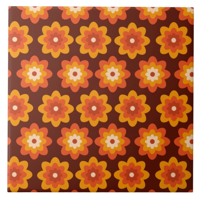 Groovy retro 70-tal boho hippie orange blommönster kakelplatta (Framsidan)