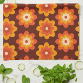 Groovy retro 70-tal boho hippie orange blommönster kökshandduk