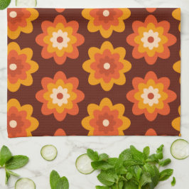 Groovy retro 70-tal boho hippie orange blommönster kökshandduk