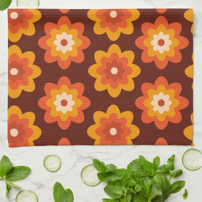 Groovy retro 70-tal boho hippie orange blommönster kökshandduk (Vikta)