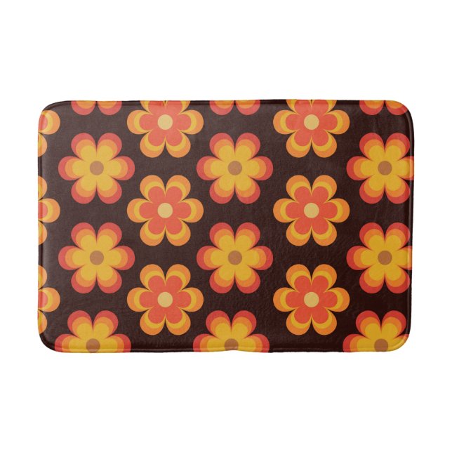 Groovy Retro 70-tal Orange och Gula Blommor  Badrumsmatta (Framsidan)