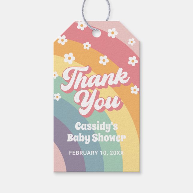 Groovy Retro 70-Tal Regnbåge Tusenskönor Baby Show Presentetikett (Framsidan)