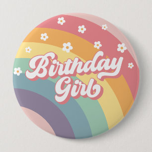 Groovy Retro 70-talet Regnbåge Birthday Girl Knapp