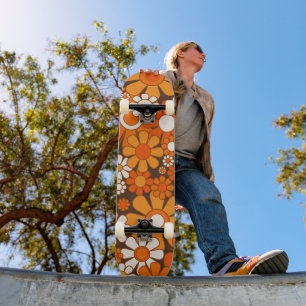 Groovy Retro 70-Tals Blommönster Orange och Brun Mini Skateboard Bräda 18,5 Cm
