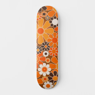 Groovy Retro 70-tals Blommönster Orange och Brun Mini Skateboard Bräda 18,5 Cm