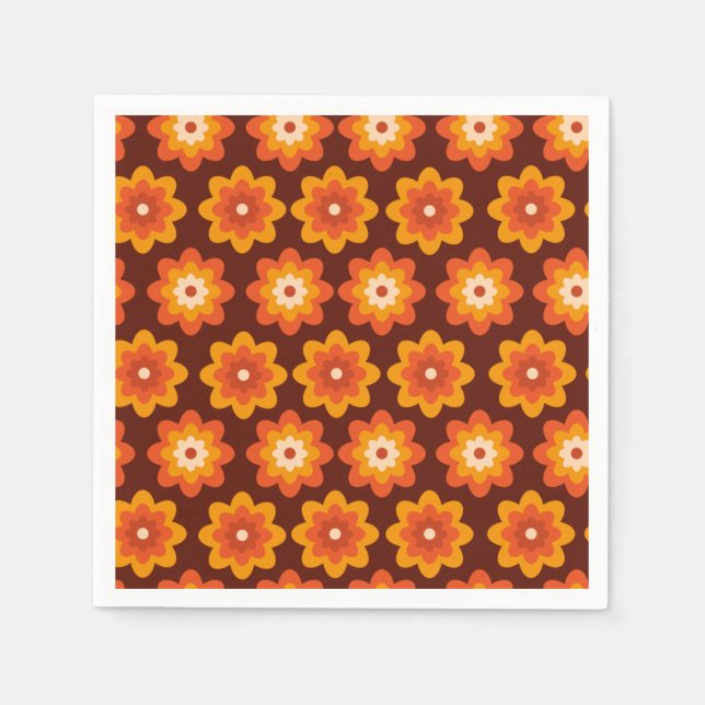 Groovy retro 70-tals boho hippie orange blommönste pappersservett (Framsidan)