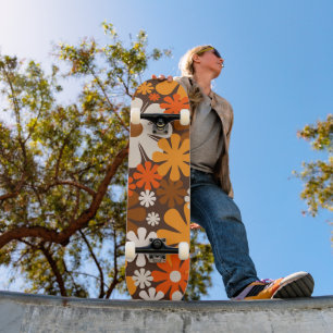 Groovy Retro 70s Blommönster Orange och Brown Mini Skateboard Bräda 18,5 Cm