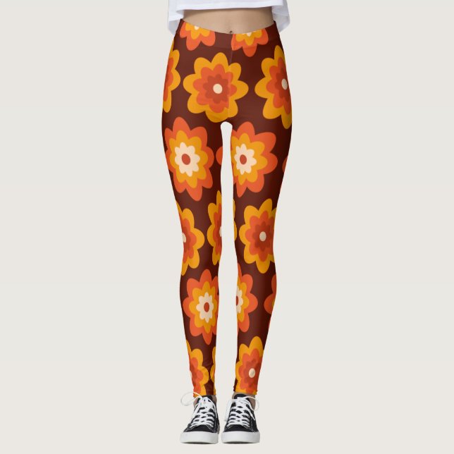 Groovy retro 70s boho hippie orange blomma mönster leggings (Framsida)