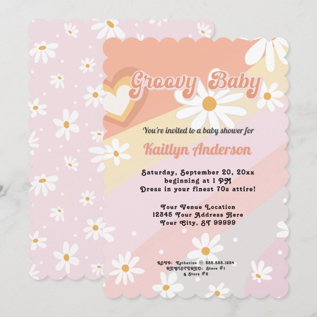 Groovy Retro 70s Daisy Peach Girl Baby Shower Inbjudningar (Fram/baksida)