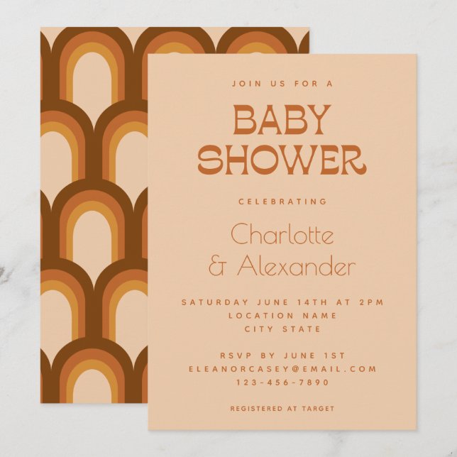 Groovy Retro 70s Design Brown Par Baby Shower Inbjudningar (Fram/baksida)