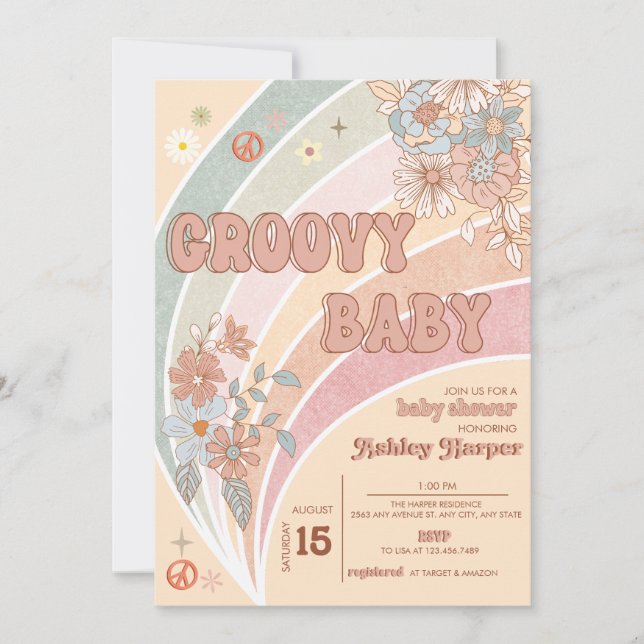 Groovy Retro 70s | Inbjudan till regnbåge för baby (Framsida)