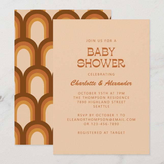 Groovy Retro 70s Terracotta Par Baby Shower Inbjudningar (Fram/baksida)
