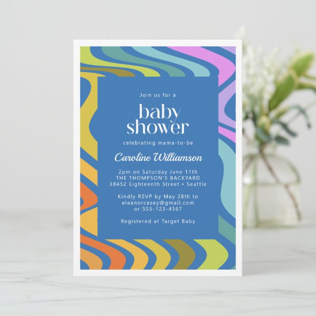 Groovy Retro Abstrakt Rainbow Blue Baby Shower Inbjudningar (Stående Fram)