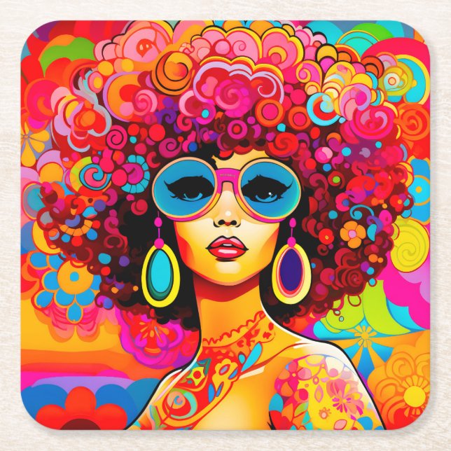 Groovy Retro Afro Chic Pop Art Underlägg Papper Kvadrat (Framsidan)