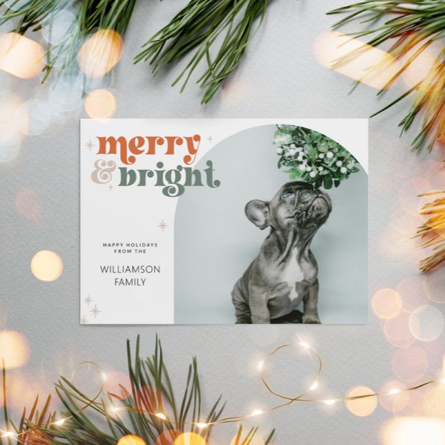 Groovy Retro Arch Photo Merry & Bright Julkort (Groovy Retro Family Christmas Card)