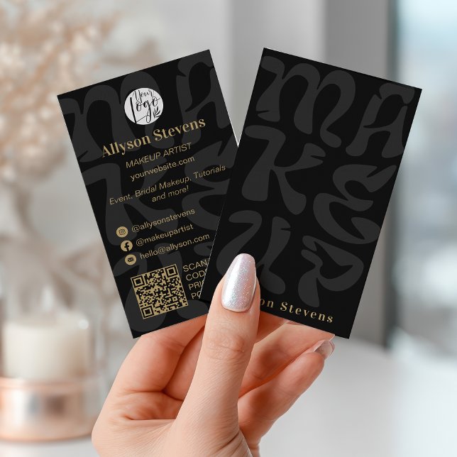 Groovy retro black logo qr code Makeup Visitkort (Groovy retro black logo qr code Makeup Business Card)