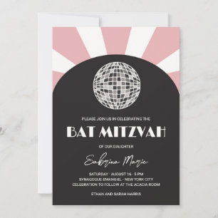 Groovy retro Black rosa disco boll Bat mitzvah Inbjudningar