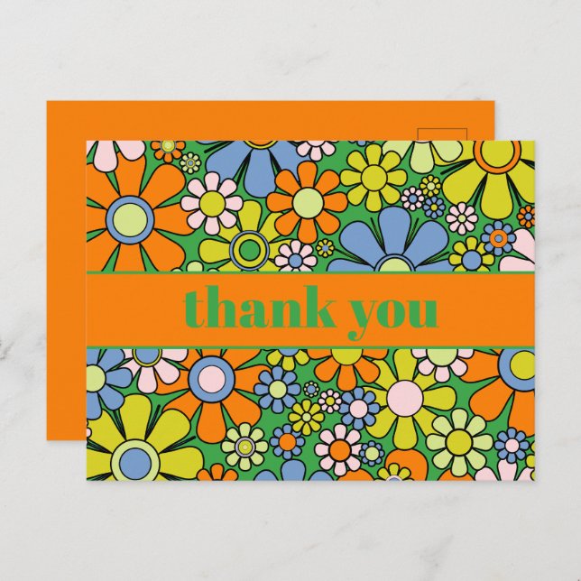 Groovy Retro Blommig Färgrik 60-70-Tals Tack Vykort (Fram/baksida)
