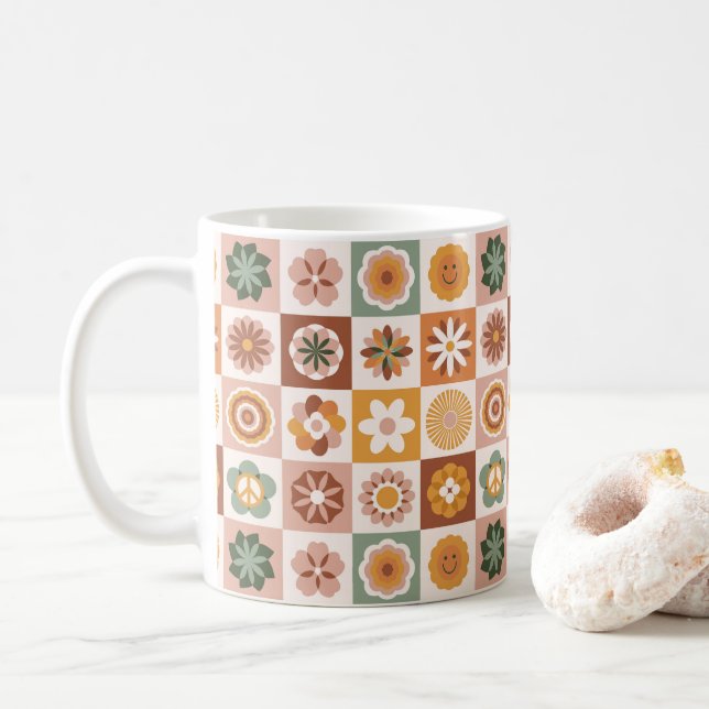 Groovy Retro Blommig Randig Kaffemugg (Med munk)