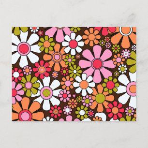 Groovy Retro Blommigt 60s 70s Flowers Rosa och Bro Vykort