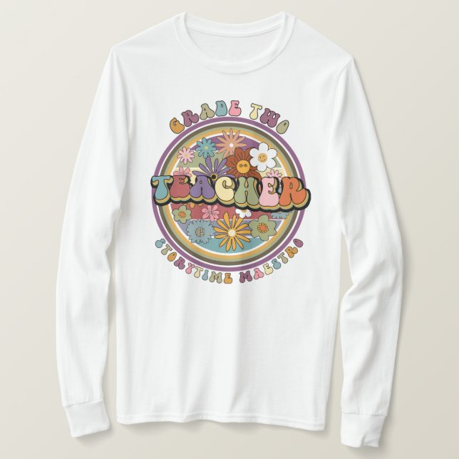 Groovy Retro Blommigt Daisy Klass 2 Lärare Namn T Shirt (Design framsida)