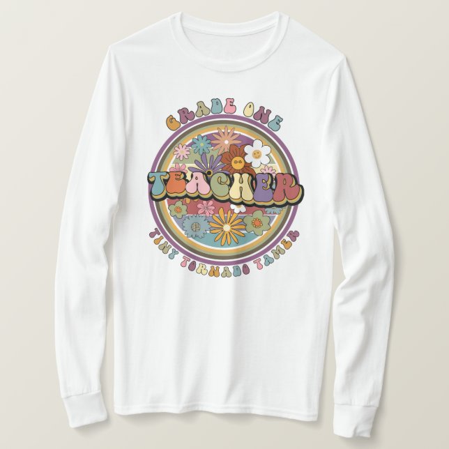 Groovy Retro Blommigt Daisy Klass One Lärare Namn T Shirt (Design framsida)