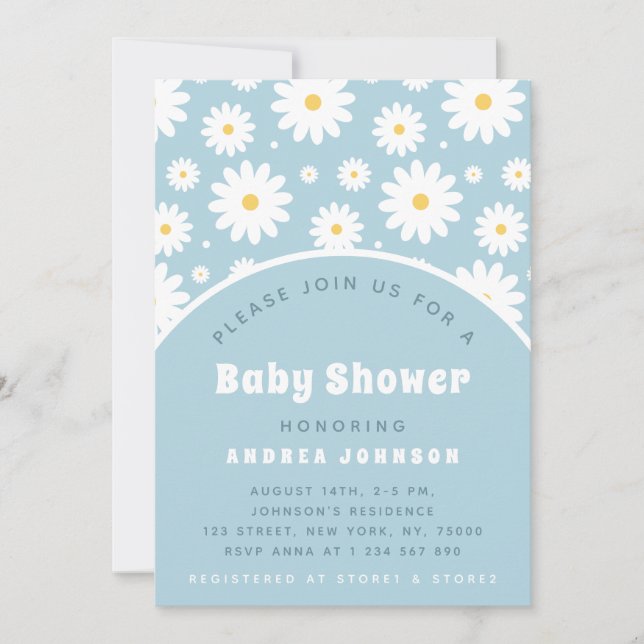 Groovy Retro Blommigt Dusty Blue Daisy Baby Shower Inbjudningar (Framsida)