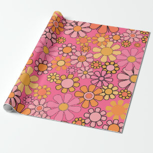 Groovy Retro-Blommönster 60:s 70-talets Rosa Presentpapper