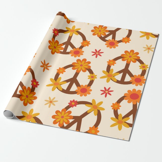 Groovy Retro Blommor på Fred och Kärlek Skyltar Presentpapper (Utrullad)