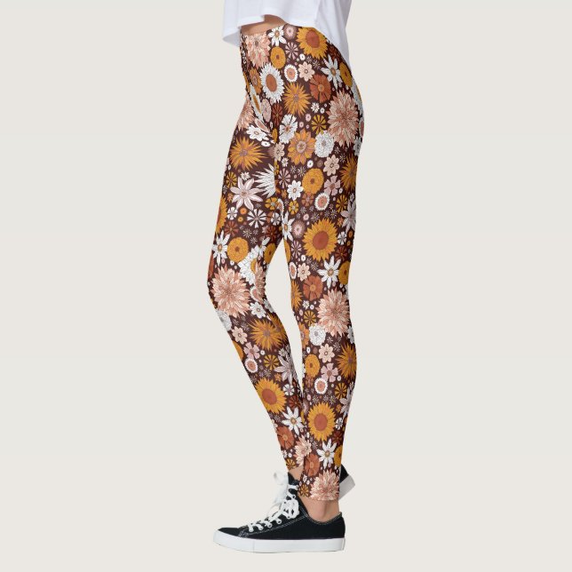 Groovy Retro Blomsterträdgård Mönster Leggings (Vänster)