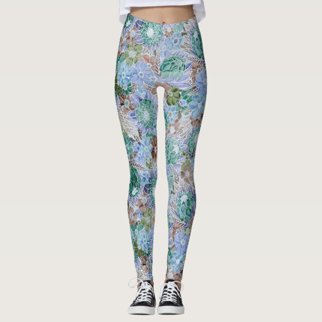 Groovy Retro Blue Protea och Daisy Mönster Leggings (Framsida)