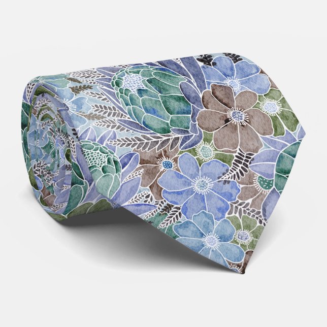 Groovy Retro Blue Protea och Daisy Mönster Slips (Rullad)