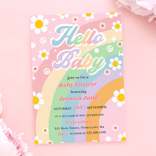 Groovy Retro Boho Daisy Hej Baby Shower Party Inbjudningar