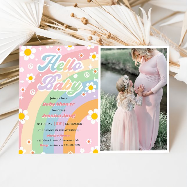 Groovy Retro Boho Daisy Hej Baby Shower Party Inbjudningar (Skapare uppladdad)