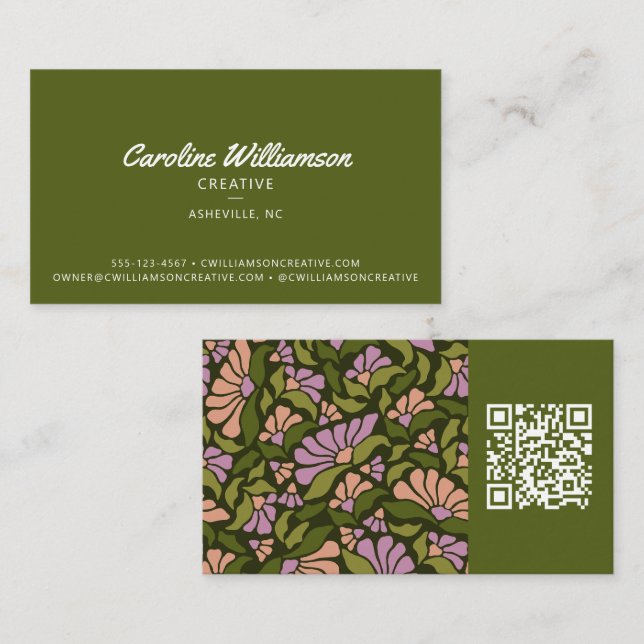 Groovy Retro Boho Earthy Grön Botanisk Trendig QR Visitkort (Fram/baksida)