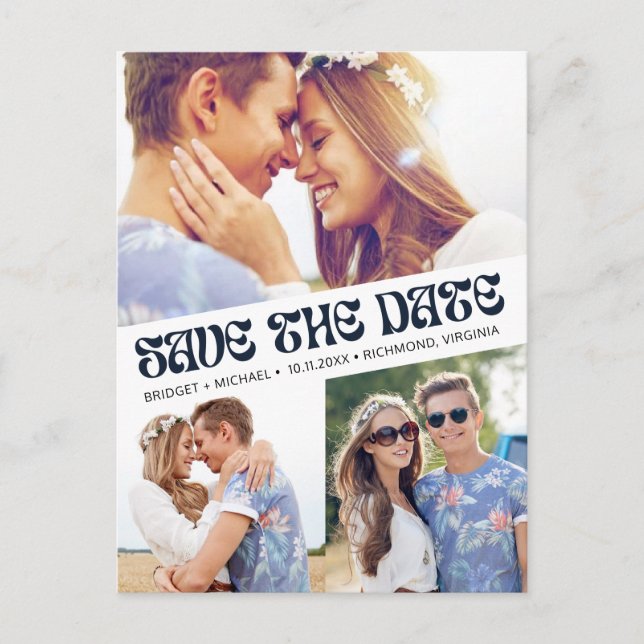 Groovy Retro Boho Foto Bröllop Spara datumet Meddelande Vykort (Framsida)