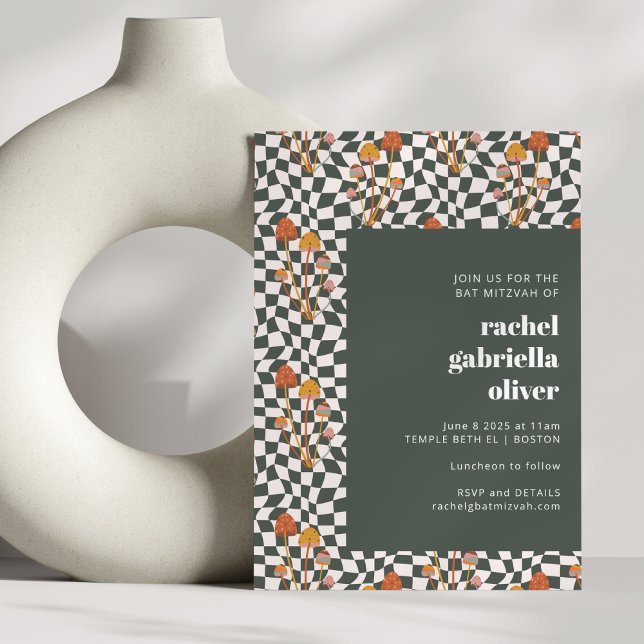 Groovy Retro Boho Grönt Checkerboard Bat mitzvah Inbjudningar (Skapare uppladdad)
